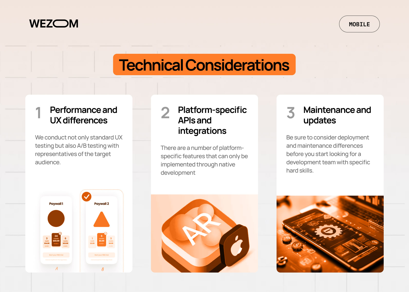 Technical considerations in mobile app platform comparison: UX performance, APIs, integrations, and maintenance updates